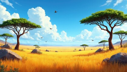 Fototapeta premium Vast African savanna grassland under a bright blue sky with fluffy white clouds. Acacia trees and large boulders dot the golden terrain. Birds fly gracefully across the open, sunlit horizon.