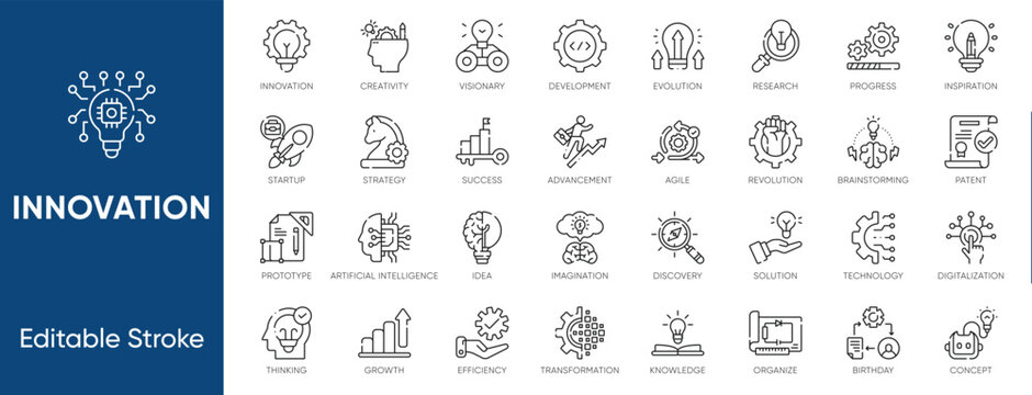 Innovation Creativity Invention Visionary Idea Icon Set. Editable vectors for startup prototype, brainstorming, and agile technology