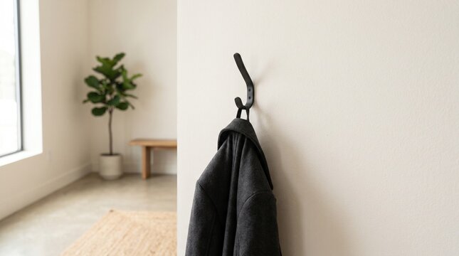 A black coat hanging on a hook on the wall in an apartment room.