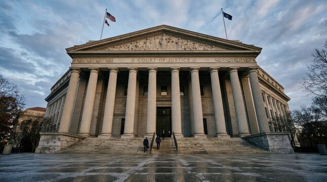 Cinematic low-angle shot of a grand courthouse building with a row of doric columns and high-quality stone textures for design.