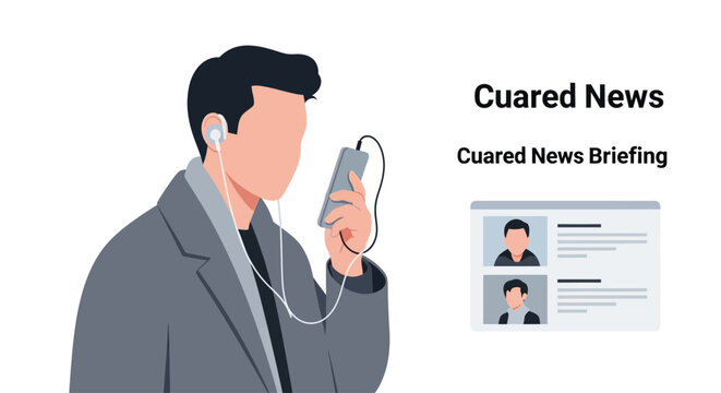 Man Listening to News Briefing on Smartphone with Earphones