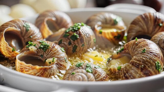 Delicious Escargots Prepared with Garlic and Herbs in a White Dish.
