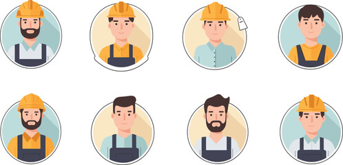 Fototapeta premium Construction Worker Avatars Set with Helmets and Safety Gear for Industry, Labor, and Professional Roles