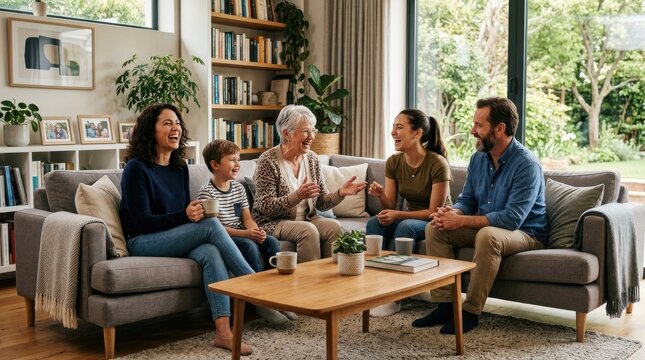 Family members of different generations enjoying conversation while sitting in a modern living room, laughing, connection and