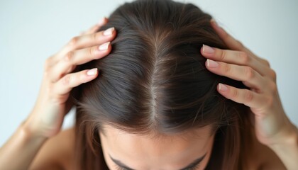 Naklejka premium Young woman checks scalp for hair thinning. Her hands spread dark hair, showing bald spots. She looks worried about hair loss and poor hair growth. Concern for hair problems.