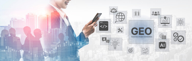 Naklejka premium Digital marketing concept featuring GEO strategy, optimizing content for AI search engines and large language models. Evolution of SEO, brand authority, and AI citation visibility. Corpus