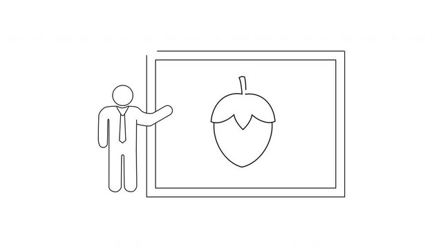Simple Line Drawing of a Person Presenting a Nut on a Whiteboard.