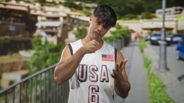 Man in usa basketball jersey points finger to flag patch on chest while gesturing with other hand on a residential street with railing and parked cars; pride.