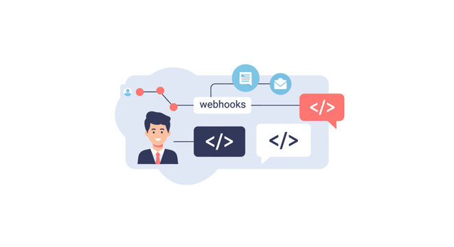 Webhooks API Integration Concept: Business Man Connecting Systems