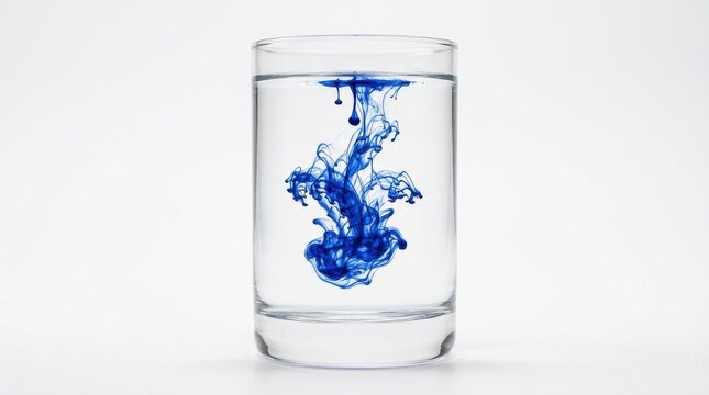 Single dramatic drop of rich cobalt blue ink creating a delicate plume as it disperses in clear water within a high-end glass