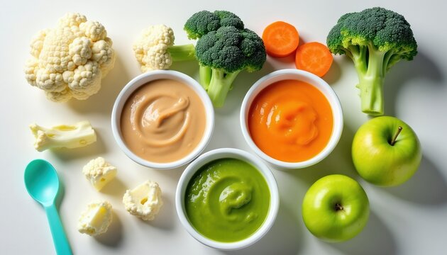 Three bowls of baby food purees, green, orange, and beige, with fresh carrot, broccoli, cauliflower and apples. A blue spoon rests near small cauliflower pieces, ready for infant meal.