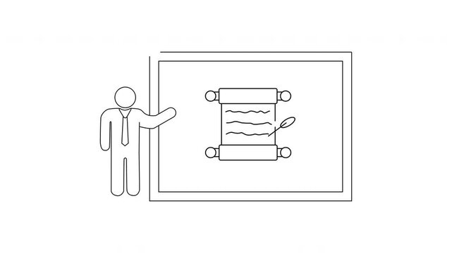 Simple Line Drawing of a Person Presenting a Scroll with a Quill.
