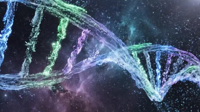 Abstract glowing DNA helix structure against cosmic starry space