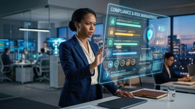 Businesswoman in a high-tech office looking at a holographic compliance dashboard with status bars and security indicators. She
