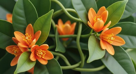 Fototapeta premium A stunning display of vibrant orange blossoms intertwined with soft green leaves, showcasing the natural elegance and beauty of a floral garden, environmental, nature, texture