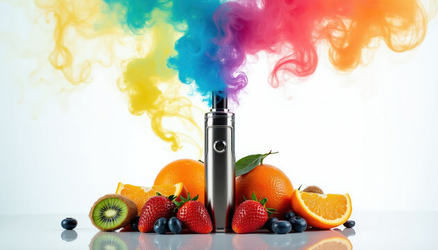 Vape device with colorful smoke, surrounded by fresh strawberries, oranges, blueberries, and kiwi. Fruit flavors combine with vaping experience for modern lifestyle choice.