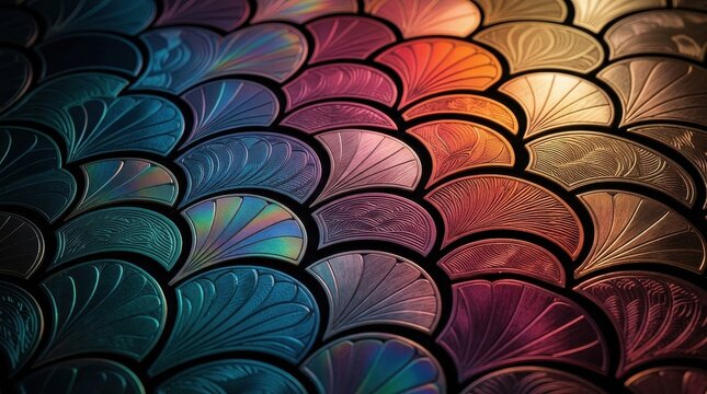 Artistic colorful scallop pattern texture with a vibrant color gradient and realistic material textures on a dark background for