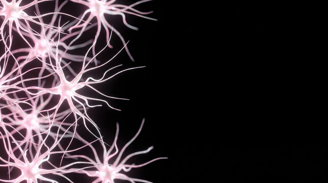 Abstract biological neural synapses and organic nerve fibers in soft pink and glowing white clustered on the far left of a black background with copy space