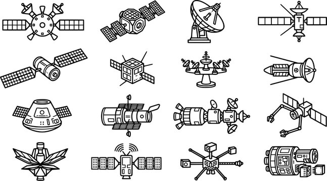 Satellite and Space Communication Icon Set Featuring Orbital Spacecraft, Antenna Dishes, Space Probes, Signal Transmission and Aerospace Technology Symbols