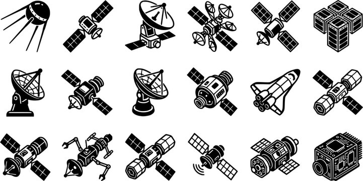 Satellite and Space Communication Icon Set Featuring Orbital Spacecraft, Antenna Dishes, Space Probes, Signal Transmission and Aerospace Technology Symbols