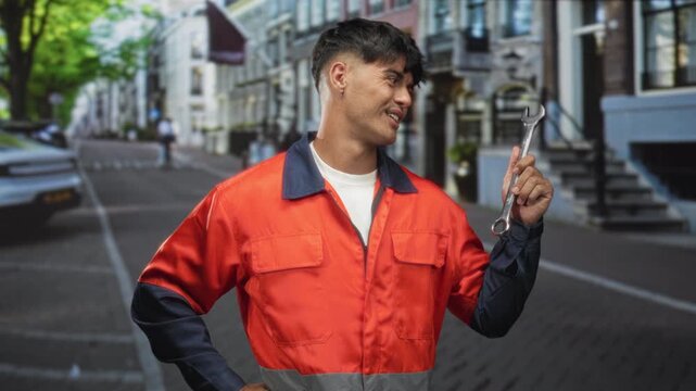 Man in orange uniform holding a wrench aloft with hand, smiling and looking at the tool on a street; confidence competence.