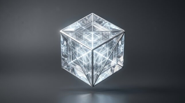 Modern floating luminous crystal cube with 3d geometry for abstract technology design, transparent energy object on a neutral
