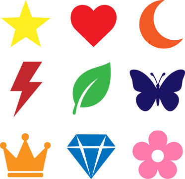 Colorful icon set featuring heart, star, and butterfly in a vibrant pop art style