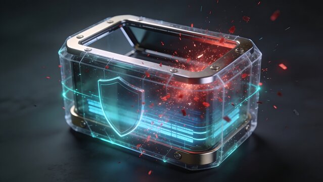 Futuristic transparent container with glowing shield and sparks flying out