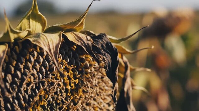 Close up of dried sunflower head with mature seeds