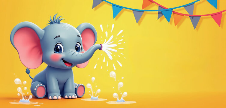 Cute cartoon baby elephant sprays water with its trunk. Festive flags adorn bright yellow background. Playful splashing creates happy, joyful celebration atmosphere for new year.