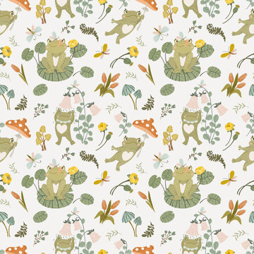 Cute frog pond seamless pattern featuring frogs, lily pads, flowers, mushrooms, and dragonflies in a soft pastel woodland palette.
