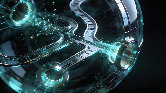 Futuristic glowing energy flowing through intricate metallic pathways inside a sphere