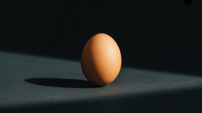 Single brown chicken egg standing vertically on a dark surface with dramatic shadow