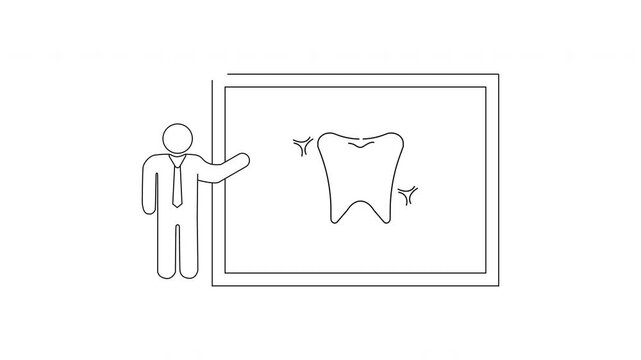 Dentist presenting tooth anatomy on a whiteboard illustration.