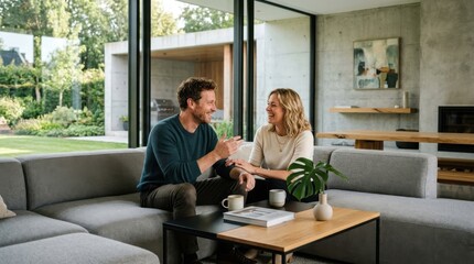 Fototapeta premium Couple enjoying a discussion in their new modern home, sitting among sleek furniture, architectural background, bright and airy