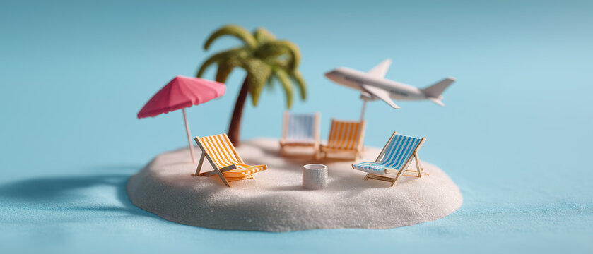 Tiny tropical island displays miniature lounge chairs beneath flying aircraft.