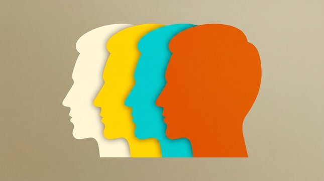 Four colorful human head silhouettes in a row facing left side
