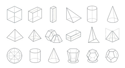 Fototapeta premium Geometric shapes, 3D icons, wireframe models, line art, mathematical forms, vector graphics