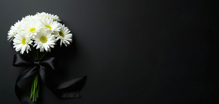 White chrysanthemums arranged with black ribbon lie on dark background. Elegant floral composition conveys sympathy, remembrance. Suitable for memorial services, funerals, expressing condolences.