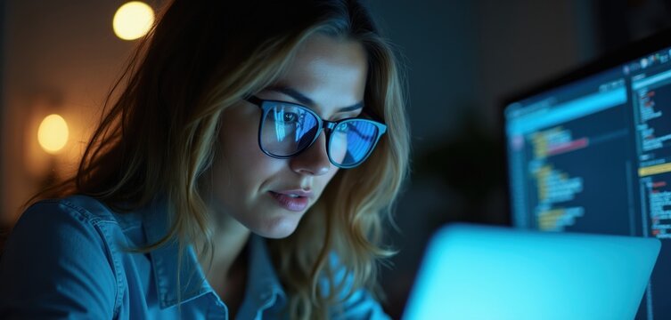 Woman programmer in glasses codes software on laptop at night. Computer screen shows code lines, developer works on IT project. Focused female coder in dark office, typing code.