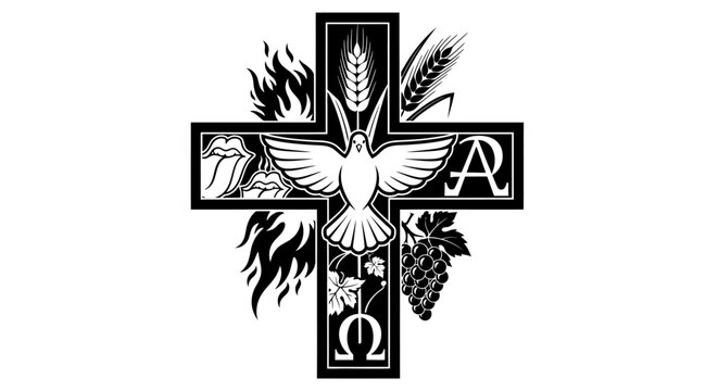 Christian cross, dove, holy spirit, alpha omega symbol, wheat, grape, fire vector icon