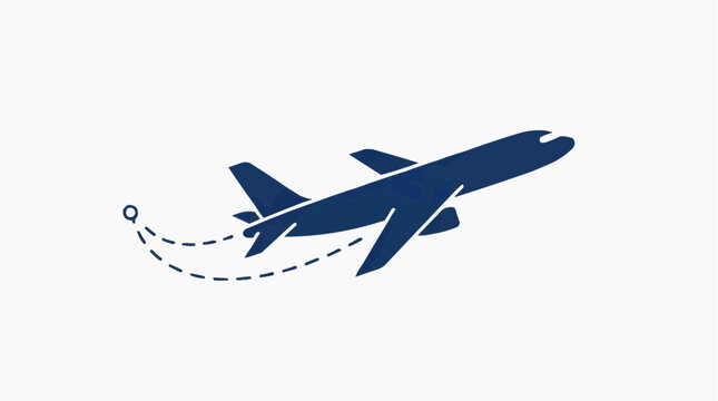 A simple illustration of a blue plane with a dotted line route, symbolizing travel and journeys. The plane is taking off from the ground with a pin in white background.