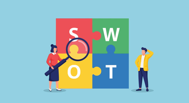 SWOT analysis, business strategy, puzzle pieces, vector illustration, colorful, infographic elements,  SWOT concept, business planning