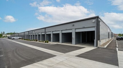 Naklejka premium Rows of identical open garage doors on a large modern storage warehouse building under a bright blue sky with soft white clouds.