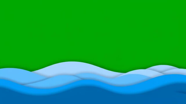 Abstract Blue Paper Cut Waves with Green Screen Background for Video Editing and Motion Graphics Overlay.