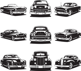 Obraz premium Set of classic car silhouettes from different angles isolated on transparent background, vintage auto collection.