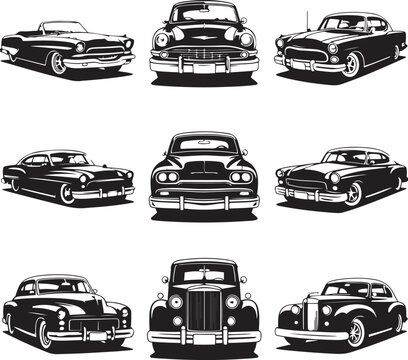 Set of classic car silhouettes from different angles isolated on transparent background, vintage auto collection.