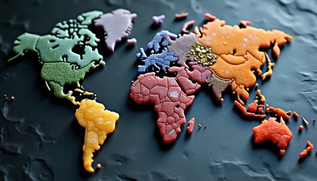 World map formed by colorful continents, representing global resources and supply chains. Elements arranged on dark textured surface, symbolizing raw materials and international trade.