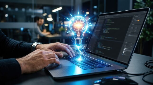 Programmer's hands typing on laptop with glowing lightbulb symbolizing innovation