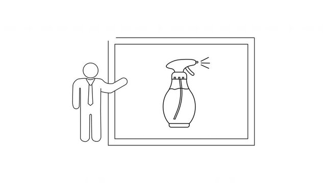 Man presenting a spray bottle with cleaning liquid in a presentation.